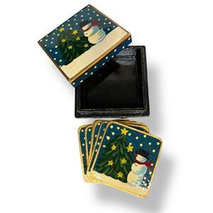 Vintage Snowman Wood Coasters Set of 6 Christmas Drink Coasters in Box 80s